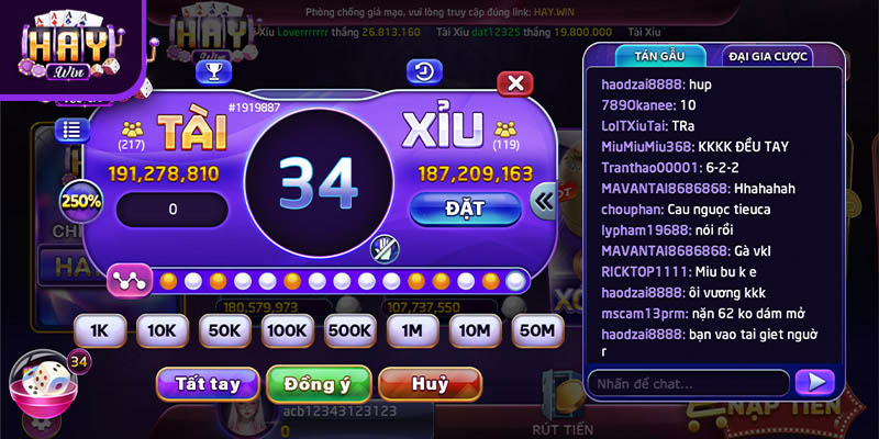 Các cửa cược tài xỉu tại HAYWIN